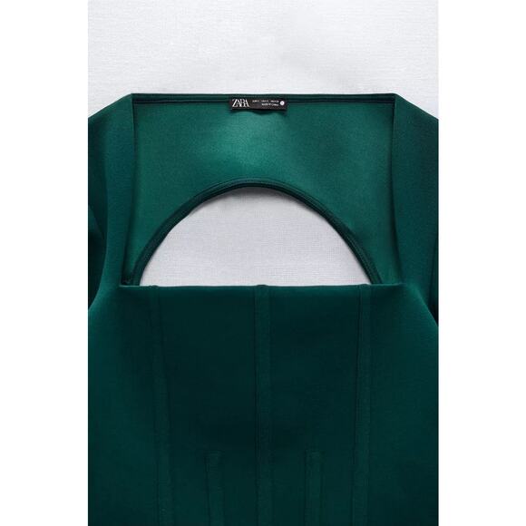 Zara Green Long Sleeve Cutout Back Square Neck Bustier Corset Crop Top Size M - Picture 6 of 8